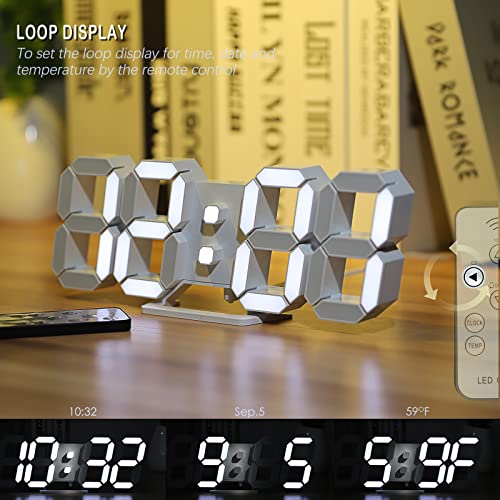 KOSUMOSU 3D LED Digital Wall Clock ,9.7", Large Display Table/ Desk Clock with Remote Control 12/24H Temperature (White Light) - color: 9.7in Clock-white Light