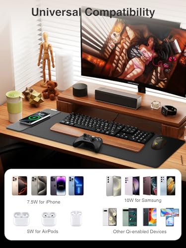 Magnetic Wireless Charging Mouse Pad, 31.5"x11.8" Large Desk Mat | Waterproof Mousepad, Smooth Glide, Stitched Edge, Non-Slip Rubber Base, Desk Pad Computer Keyboard Mat, No Adapter - color: Black-31.5"x11.8"-Mag