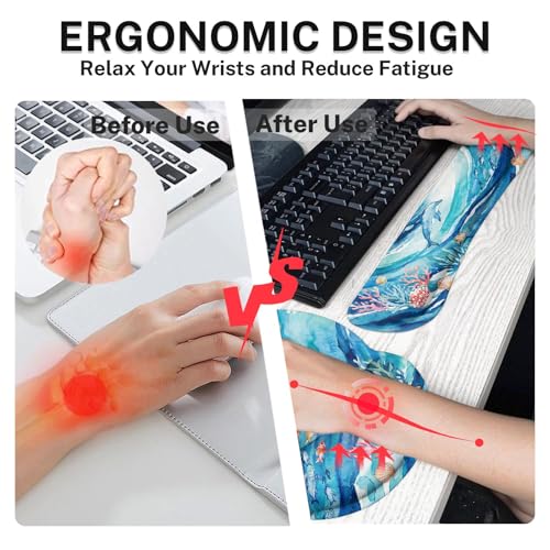 Arttown Keyboard Mouse Pad Set, 4 in 1 Desk Mat Set Ocean Dolphin | Turtle Blue Large Mousepad+Keyboard Wrist Rest+Mouse Wrist Rest+Coaster Ergonomic Design for Home Office Computer - color: Blue Ocean