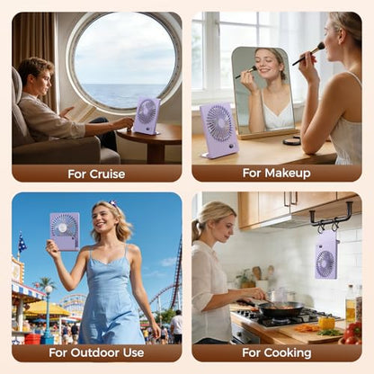 Zuvas Desk Fan Small Rechargeable Battery Table Fans for travel Ultra Quiet | 180° Tilt Folding, LED Dislay, Portable Fan Slim Design, 3 Speed Adjustable, for Office Bedroom Desktop, Cruise Essentials - color: Light Purple