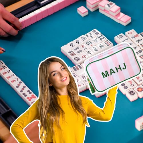 Sanwuta 1 Pcs Mahjong Tile Bag with Zipper,Pink, Green,Striped | Embroidered Mahjong Case for 166 American Mahjong Tiles (1.2") Portable Bags for Board Game Party Gathering Travel - color: Pink, style: Clean
