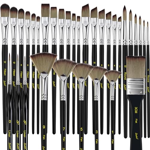 Bougimal 33 Pcs Paint Brush Set, No-Shedding Artist Paint Brushes | Paint Brush Kit with Flat Round Filbert Fan Angle Detail Brush for Acrylic, Oil, Watercolor, for Artists & Beginners (Black) - color: Black