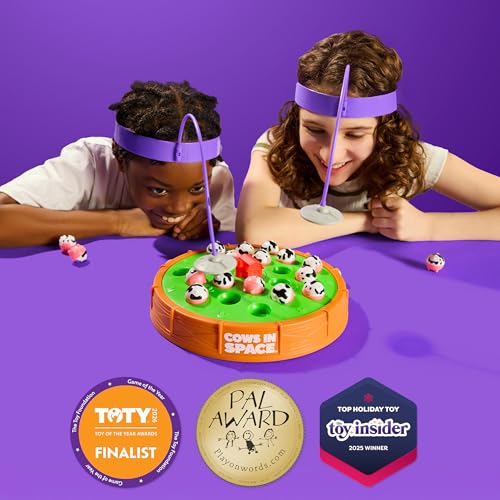 Cows in Space By Relatable - 2026 Toy of The Year Finalist, The Kid-Friendly Extraterrestrial Fun 2 Player Games - Includes 2 UFO Headbands, 1 Electronic Spinning Base, 21 Cows, and Instructions