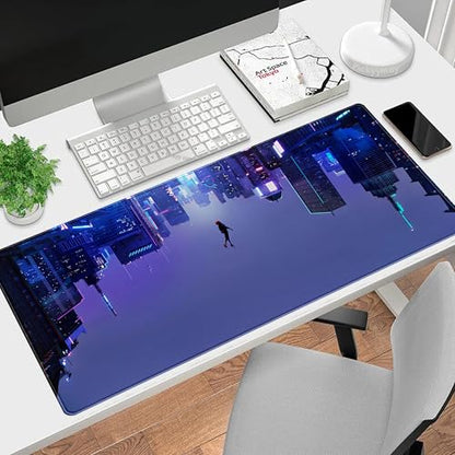 Anime Desk Mat XXL Gaming Mouse Pad, Extended Keyboard Mat, Full Desk Accessories, 31.5"x15.75" - color: Blue-purple City