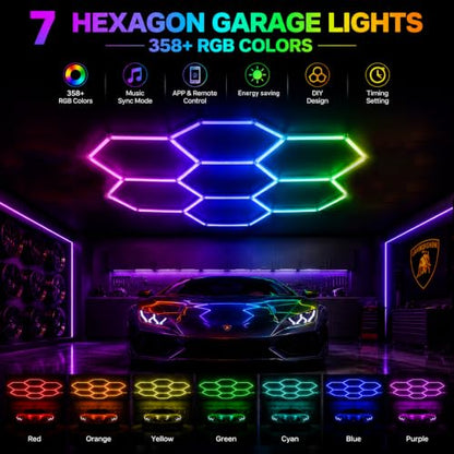 31Pack RGB 7 Hexagon LED Garage Lights - Music Sync Color Changing,App & Remote Control,358 Modes DIY Honeycomb Light for Gaming Room,Gym,Garage - color: RGB-31Lights-7Hexagon