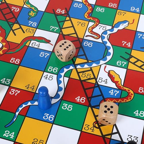 Gothink Wooden Snakes and Ladders Game - 13 Inch Educational Board Game for Children Ages 3 and Up & Adults - Classic Board Game Includes 6 Counters & 2 Dice, Rules