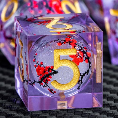 ARUOHHA DND Resin Dice Plum Blossom Liquid Core Golden Purple Sharp Edged Dragons Polyhedral Dice Set with Gift Box, Dungeons D and D Dice Set Role Playing Game D20 D12 D10 D8 D6 D4 - color: Flower&purple White-2