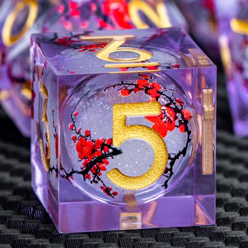 ARUOHHA DND Resin Dice Plum Blossom Liquid Core Golden Purple Sharp Edged Dragons Polyhedral Dice Set with Gift Box, Dungeons D and D Dice Set Role Playing Game D20 D12 D10 D8 D6 D4 - color: Flower&purple White-2