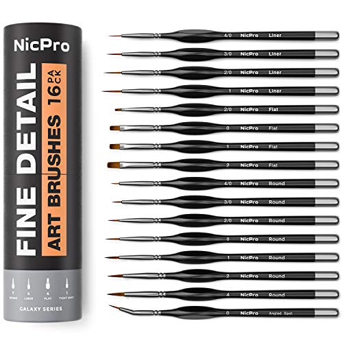 Nicpro 16 PCS Miniature Paint Brushes,Fine Tip Micro Detail Paint Brush Set | for Acrylic Watercolor Oil Gouache, Paint by Numbers, Model, Miniatures, Craft, Rock Painting - with Container - style: 16 Pack (Detail)