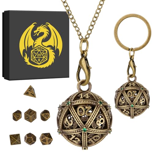 Mini DND Dice Set with Spherical Hollow D20 Metal Case Portable Keychain Necklace, Tiny 7pcs Polyhedral D&D Dice Set, DND Gifts with Gift Box, D&D Accessories for RPG（Green Diamond, Bronze） - color: Bronze