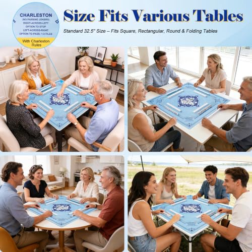 Mahjong Mat with Rule, 32.5" x 32.5" Waterproof Soft Surface Game Mat, Easy Clean Non-Slip & Noise-Reduce Mah Jong Table Mat with Carry Bag, Rolled Packaging for American Mahjong, Poker, Game - color: Light Blue
