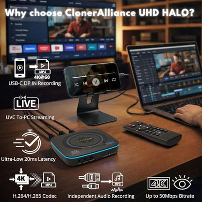 ClonerAlliance UHD Halo, 4K@60fps Standalone Video Recorder with H.265/H.264 Codec, HDMI & Mobile Dual Capture, 4K@60fps Passthrough, Audio Extract/Mix.
