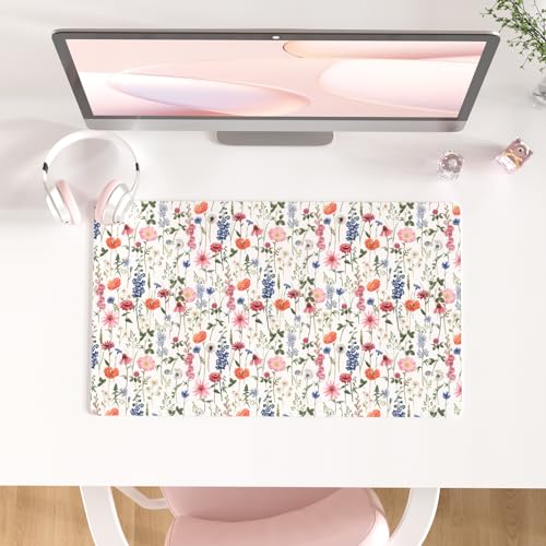 Colorful Star Large Mouse Pad, Watercolor Floral Desk Mat Office Supplies, Waterproof Faux Leather Big Gaming Mousepad for Women Girls, Flowers Desk Pad Home Office Décor Accessories 23.6" x 13.8" - color: Wildflowers, size: 23.6L x 13.8W inches