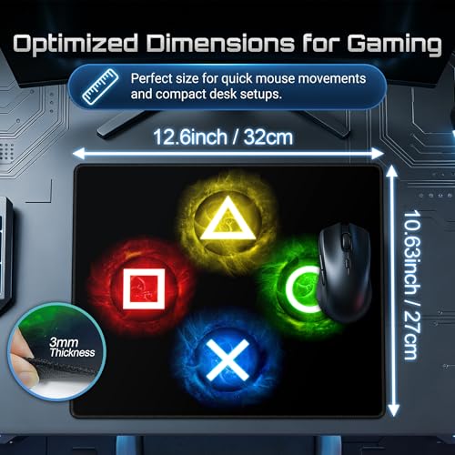 Gamepad Button Big Mouse Pad Large, Gaming Controller‌ Mouse Pad Desk Pad, Long Computer Keyboard Mouse Mat Mousepad with Non-Slip Base and Stitched Edge for Gaming and Office (×○△□, 12.6" x 10.6") - color: ×○△□, size: 12.6L x 10.6W inches