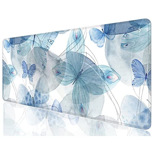 Desk Mat, 32" x 12" XXL Extended Large Gaming Mouse Pad, Desktop Decor Desk Pad, Cute Men Women Office Supplies and Accessories, XL Mouse Mat for Laptop & Keyboard, Blue Butterfly - color: Blue Butterfly, size: 32L x 12W inches