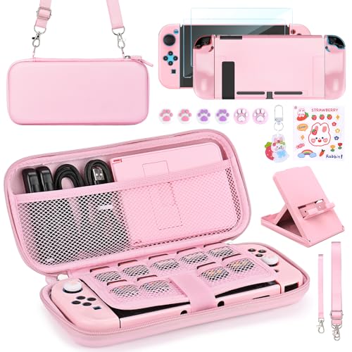 Younik Switch Accessories Bundle, 17 in 1 Pink Switch Accessories Kit for Girls Include Switch Carrying Case, Adjustable Stand, Protective Case for Switch Console & J-Con Pink - color: Pink, size: For Switch(2017)