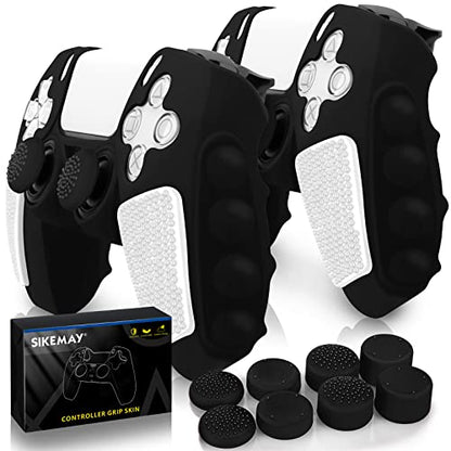 SIKEMAY Anti-Slip PS5 Controller Skin, Soft Thicken Non-Slip Studded Silicone Gel Grip Protective Cover Case for PlayStation 5 Controller Grip, 2 Pack with 8 x Thumb Grip Caps - color: Black-White
