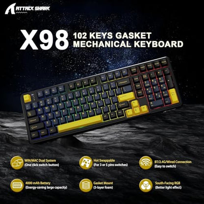 ATTACK SHARK X98 Wireless Mechanical Keyboard,Tri-Mode BT5.0/2.4GHz/USB-C Hot-Swappable,Gasket Mount with Pre-lubed Linear Switches,PBT Keycaps,RGB Backlit Gaming Keyboard for PC/Tablet/PS5/Xbox - color: Starry Black