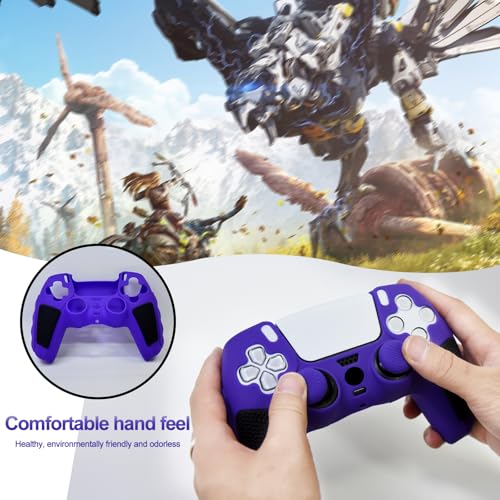 Anti-Slip Purple PS5 Controller Skin,Soft Thicken Studded Protective Silicone Cover Skin Grips Compatible with PS5/Slim/Pro Controller and 8 PCS Thumb Grips Caps. - color: Purple&Black