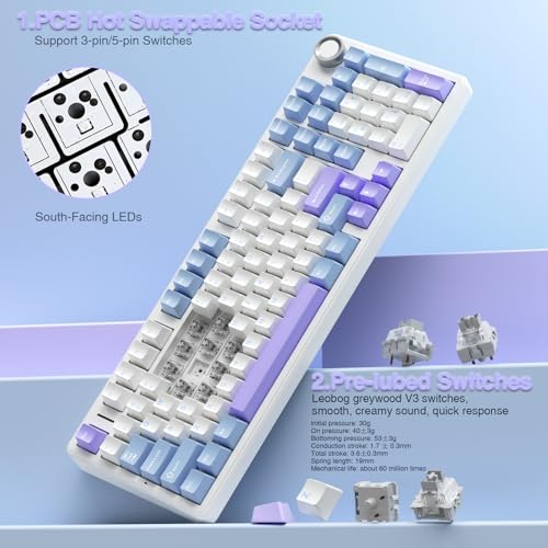 AULA F99 Pro Wireless Mechanical Keyboard with Knob,Creamy Sound,Tri-Mode BT5.0/USB-C/2.4GHz Hot Swappable Keyboard,Gasket Structure,RGB Backlit Computer Gaming Keyboards - color: With Knob-White&Blue&Purple