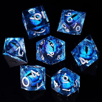 Dragon Eye DND Dice Set, 7 Pcs Liquid Core Resin Sharp Edged Polyhedral D&D Dice for Dungeons and Dragons RPG Role Playing Table Games
