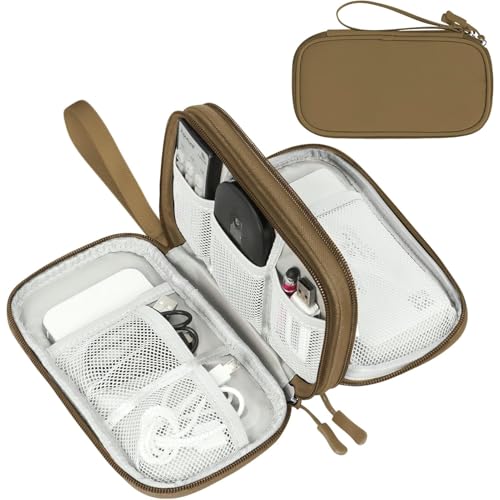 FYY Electronic Organizer, Travel Tech Pouch Bag, Cable Organizer Brown | Wrist Strap, Waterproof, Double Layers Portable Electronics Travel Carrying Case for Cord, Charger, Daily Business Trips Use - color: Brown, size: Small