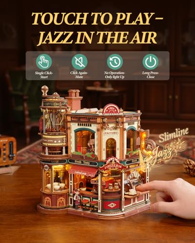 ROKR Moving Dream Coffee Factory DIY Miniature House Kit - 3D Wooden Puzzles for Adults with Music Box & LED Lights, No Glue Kinetic Model Building Kit, Unique Home Decor Gifts for Adults Women Men