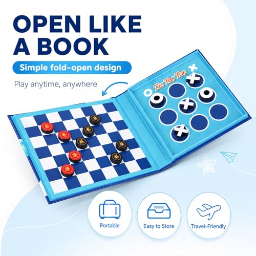 2-in-1 Travel Checkers and Tic Tac Toe Game for Kids Ages 8-12, Magnetic Checkers Board Game, Foldable Road Trip and Plane Activities - style: Checkers&Tic-Tac-Toe