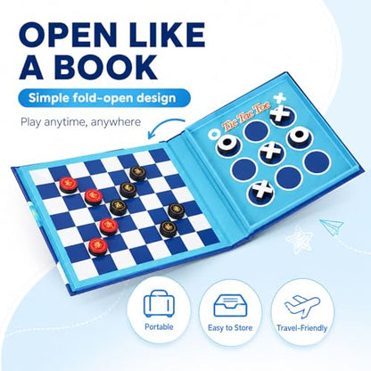 2-in-1 Travel Checkers and Tic Tac Toe Game for Kids Ages 8-12, Magnetic Checkers Board Game, Foldable Road Trip and Plane Activities - style: Checkers&Tic-Tac-Toe