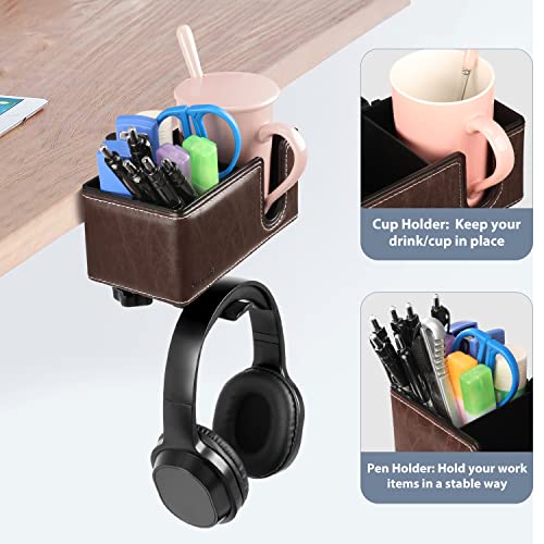 Desk Cup Holder Clip on Pen Holder Headphone Hanger Headset Stand Rotatable Clamp Hook Under Desk (Brown) - color: Brown