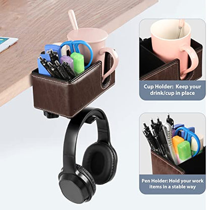 Desk Cup Holder Clip on Pen Holder Headphone Hanger Headset Stand Rotatable Clamp Hook Under Desk (Brown) - color: Brown