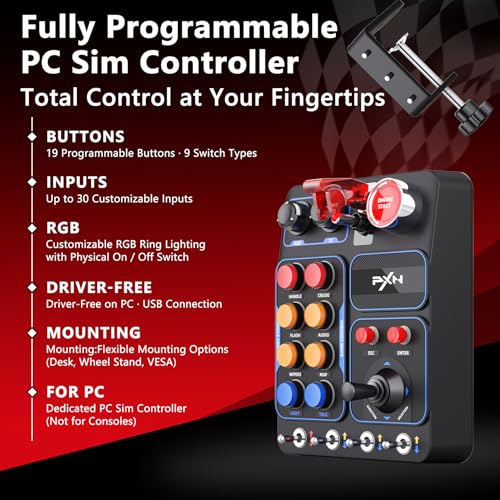 PXN CB1 PC Button Box, Programmable Sim Control Panel | 19 Buttons & Switches, RGB Backlit, Driver-Free USB, for Gaming Steering Wheel Setup, Racing, Truck & Farming Sims