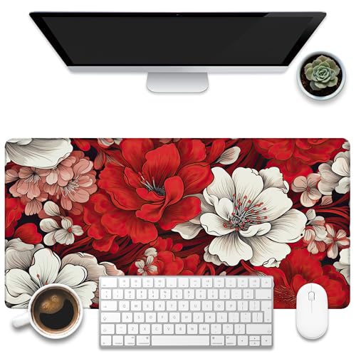 Desk Pad, Red and White Flowers Desk Mat, Retro Red Floral Large Gaming Mouse Pad, 31.5"x15.7" Extended Big Computer Keyboard Mouse Pad with Non-Slip Base and Stitched Edge - color: Red and White Flowers