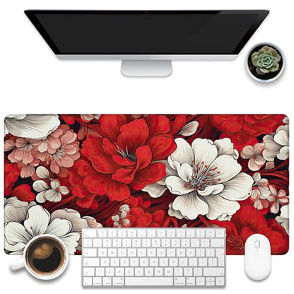 Desk Pad, Red and White Flowers Desk Mat, Retro Red Floral Large Gaming Mouse Pad, 31.5"x15.7" Extended Big Computer Keyboard Mouse Pad with Non-Slip Base and Stitched Edge - color: Red and White Flowers