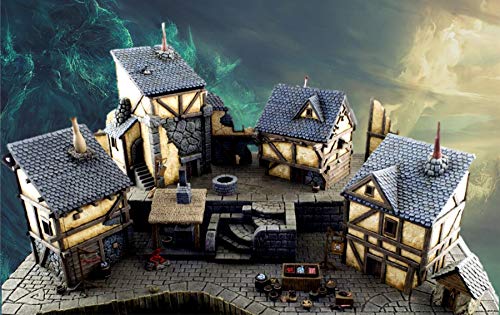 War World Gaming Fantasy Village Set of 4 Houses – 28mm Heroic Scale Wargaming Terrain Model Diorama Scenery Wargame Tabletop Medieval Battle Wargame Battleboard