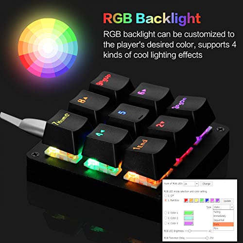 Koolertron One Handed Macro Mechanical Keyboard, RGB LED Backlit Portable Mini One-Handed Mechanical Gaming Keypad OSU! Keyboard 9 Fully Programmable Keys Red Switches - color: Black/Red Switches