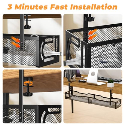 Under Desk Cable Management Tray, No Drill Steel Desk Cable Organizers, Wire Management Tray Cable Management Rack (24.4" Length-Black) - color: 1 Pack-24.4"-Black