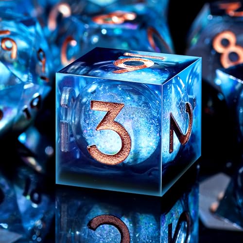 AUSTOR Liquid Core DND Dice Set, 7-Die Sharp Edge Polyhedral Dice Quicksand Handmade Resin Dices for Dungeons and Dragons D&D RPG MTG Table Games, Blue & Black, Gold - color: Blue & Black, Gold