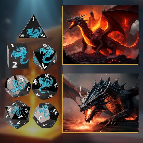Metal Dice Set, Flat Face Black Blue Dragon Pattern, 7pcs Polyhedral Metal DND Dice Set, DND Starter Set, D&D Gifts with Gift Box, Role Playing Board Games Accessories, Black - color: Black +Blue
