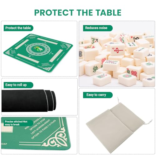 Mahjong Mat with Rules, 32.2 Inch Square Mahjong Mats for Table, Noise Reduction Mah Jong Mat, Rubber Anti-Slip Base for Board Games, Tiles Game & Dominoes Green Dice - color: Green Dice
