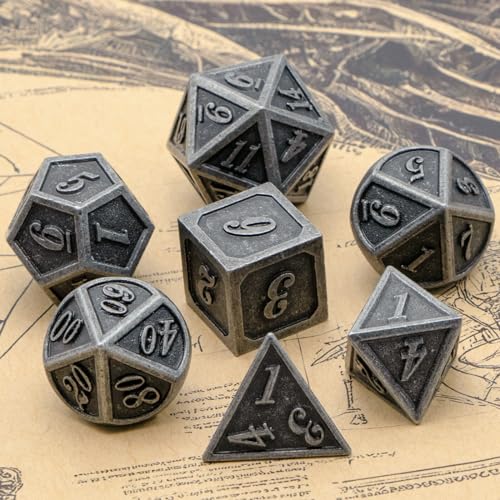 Metal Dice Set, HNCCESG Polyhedral D&D Dice for Dungeons and Dragons RPG DND Dice for Role Playing MTG Tabletop Gaming Shadowrun Pathfinder 7PCS D20 D12 D10 D8 D6 D4（Ancient Silver） - color: Ancient Silver