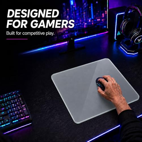 Tempered Glass Gaming Mouse Pad, Professional Esport Mouse Mat with Specialty Smooth & Silent Surface, Drop-Resistant Hard Desk Pad with 6 Anti-Slip Pads (Medium)