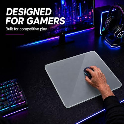 Tempered Glass Gaming Mouse Pad, Professional Esport Mouse Mat with Specialty Smooth & Silent Surface, Drop-Resistant Hard Desk Pad with 6 Anti-Slip Pads (Medium)