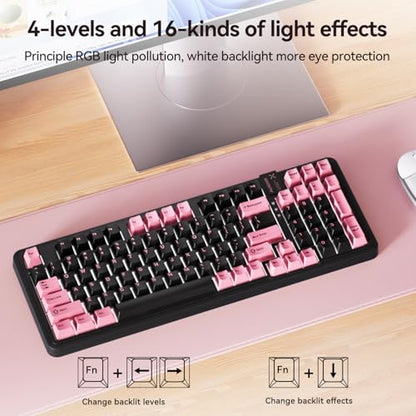 AUSDOM 98Pro Silent Wireless Mechanical Keyboard, Tri-Mode BT/2.4G/USB-C Hot Swappable Custom Quiet Keyboard with Backlit, Gasket Structure, PBT Keycaps,Pre-lubed Tactile Switches(Black & Pink-Silent) - color: Black & Pink