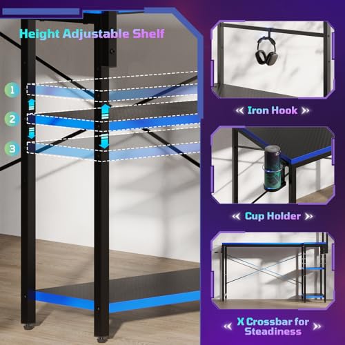 42" L-Shaped Gaming Desk with Power Outlets LED Lights, Black&Blue | Reversible Design, LED Lights, 4-Tier Storage Shelves, Headphone Hook, Foldable Cup Holder, Home Office, Small Space - color: Black&blue, size: 42 Inch