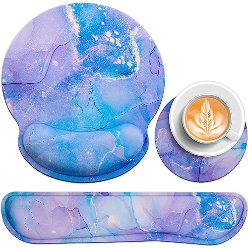 Mouse Pad Purple, Mouse Pad with Wrist Rest Set, 3-in-1 | Wrist Support Mousepad Set,Gaming with Anti-Skid Base,Ergonomic Memory Foam Keyboard Gel Wrist Rest - color: Purple Blue Marble