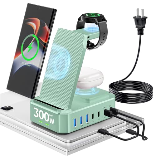 300W Wireless Charger for Samsung,Zutspzss 10 in 1 Wireless Charging Station, 65W USB C Fast Charging Stand for Samsung S25 Ultra/S24/S23/S22/Z Fold,Galaxy Watch Ultra7/6/5,Galaxy Buds,Green - color: Green