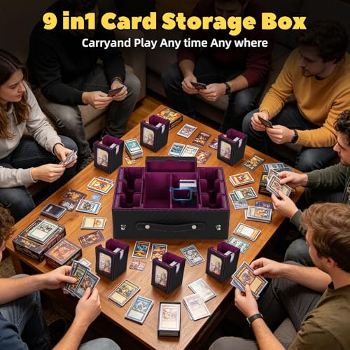 MTG Commander Deck Box with Handle, 6Removable Boxes,2-Row Case & Dice Tray | 9-in-1 Large Card Storage Box, Holds 1400+ Double-Sleeved Cards, Display Window,Mag Holders, Latch Closure,Fit TCG/EDH,Purple - color: Purple