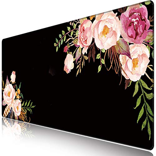 iCasso Extended Gaming Mouse Pad,35.4 x 15.7in Desk Pad,Flower | Non-Slip Rubber Base Mousepad with Stitched Edges,Waterproof Keyboard Mouse Mat Desk Pad for Work Home - color: Flower