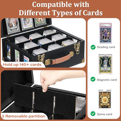 Poyilooo Graded Card Storage Box with Display Window, Wood Card Case for 140+ Cards PSA BGS FGS & SGC, Sports Cards Trading Cards, Graded Card Slab Carrying Cases (Black) - color: Black